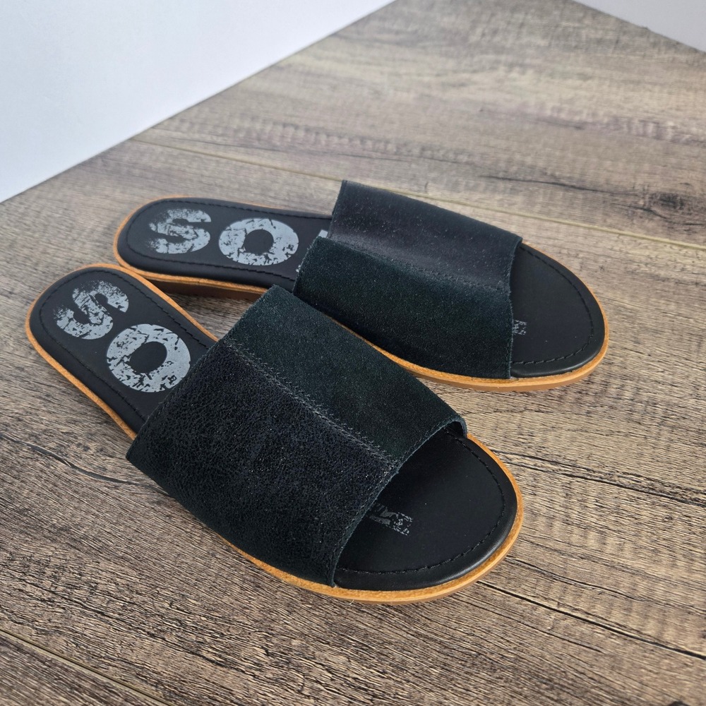 Sorel Ella Slide Sandals Womens 10 Black Suede Metallic Leather Flat NL3525-010